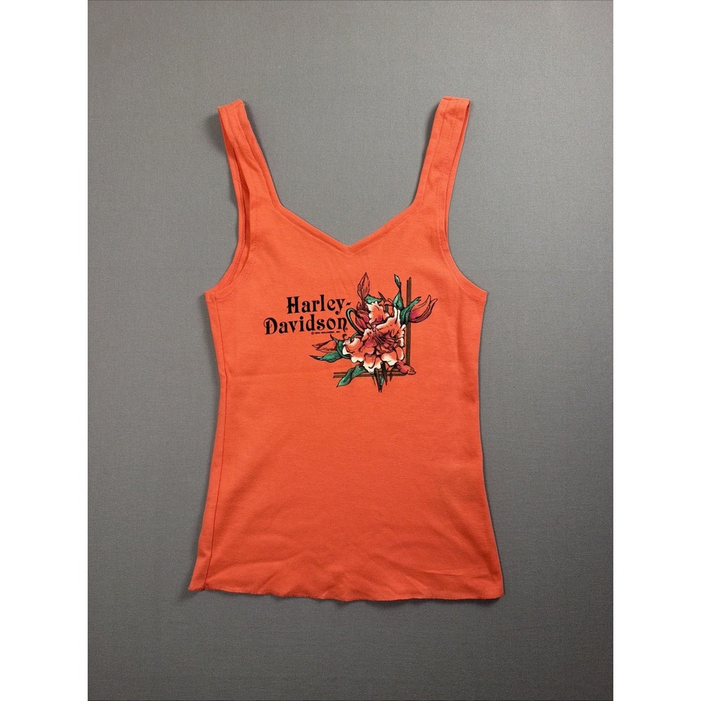 Vintage 1991 Harley Davidson Tank Top Orange Peoria IL Floral Holoubek Womens XL